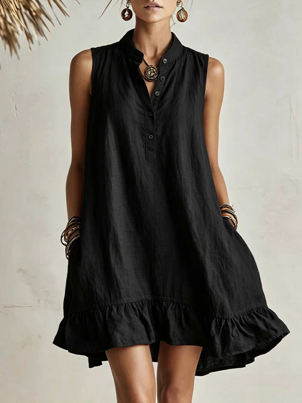 Button-Front Sleeveless Ruffle Dress