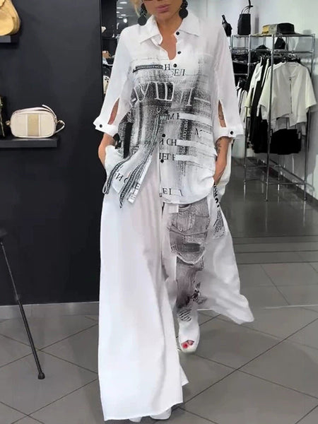 Printed Shirt & Wide-Leg Pants Set