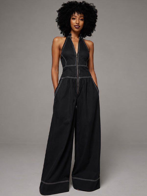 Zip-Front Wide-Leg Sleeveless Jumpsuit