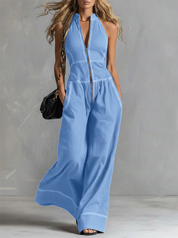 Zip-Front Wide-Leg Sleeveless Jumpsuit