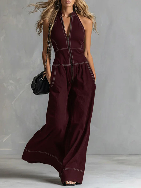 Zip-Front Wide-Leg Sleeveless Jumpsuit