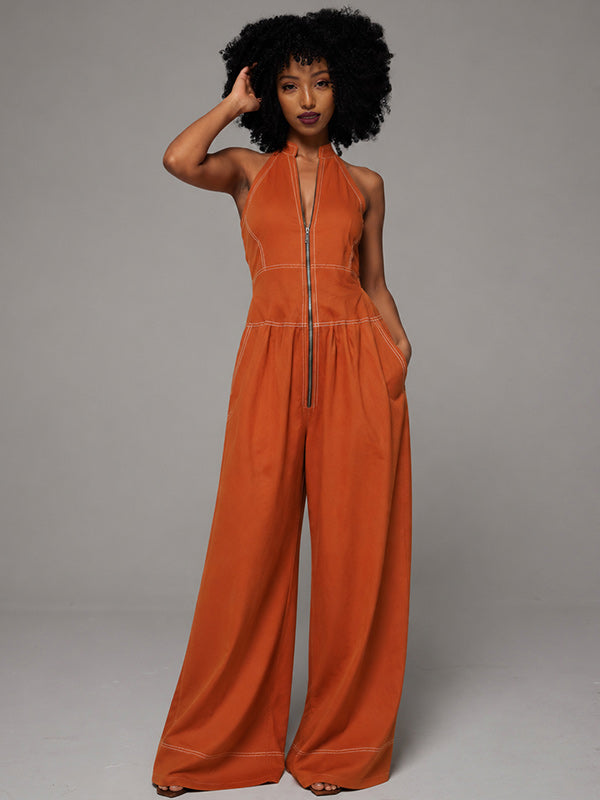 Zip-Front Wide-Leg Sleeveless Jumpsuit