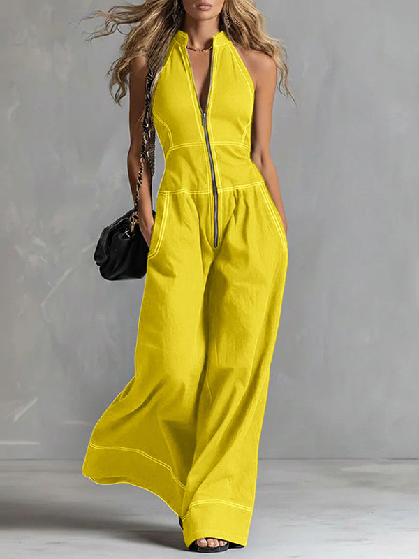 Zip-Front Wide-Leg Sleeveless Jumpsuit