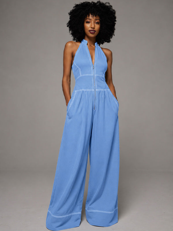 Zip-Front Wide-Leg Sleeveless Jumpsuit