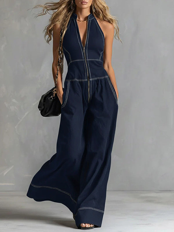Zip-Front Wide-Leg Sleeveless Jumpsuit
