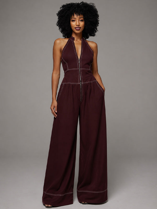 Zip-Front Wide-Leg Sleeveless Jumpsuit