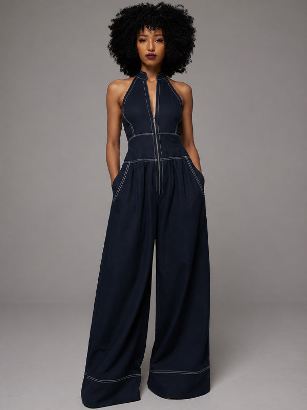 Zip-Front Wide-Leg Sleeveless Jumpsuit