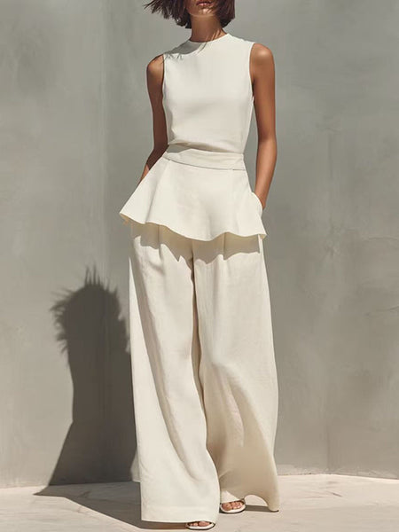 Solid Peplum Tank Top & Pants Set