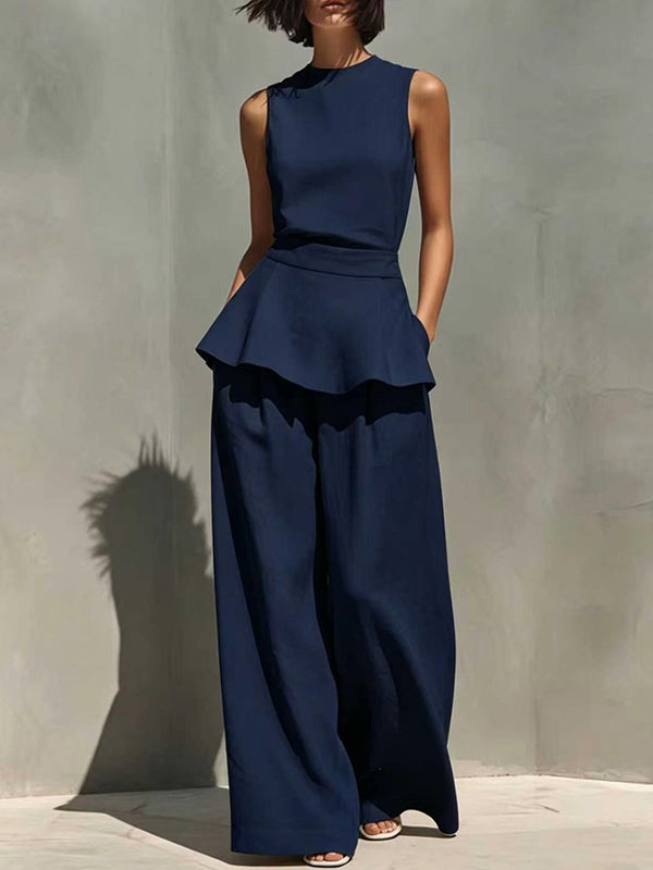Solid Peplum Tank Top & Pants Set