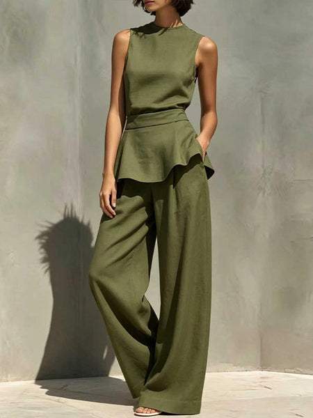 Solid Peplum Tank Top & Pants Set