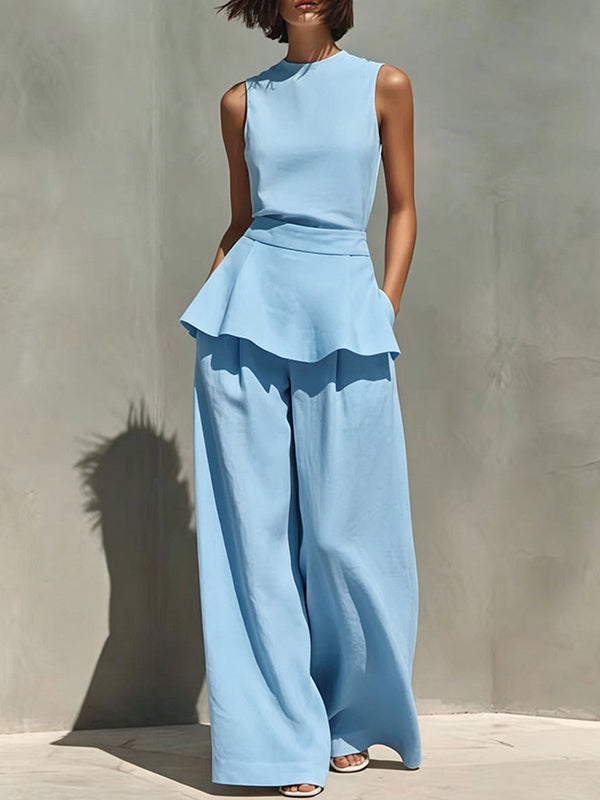 Solid Peplum Tank Top & Pants Set