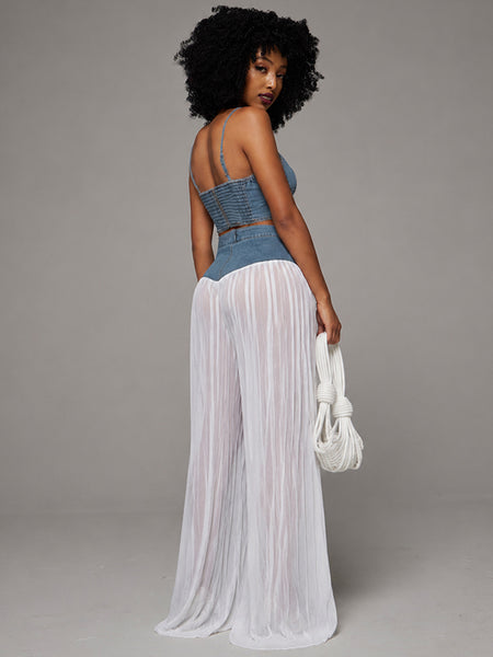 Denim Cami Top & Pleated Combo Pants Set