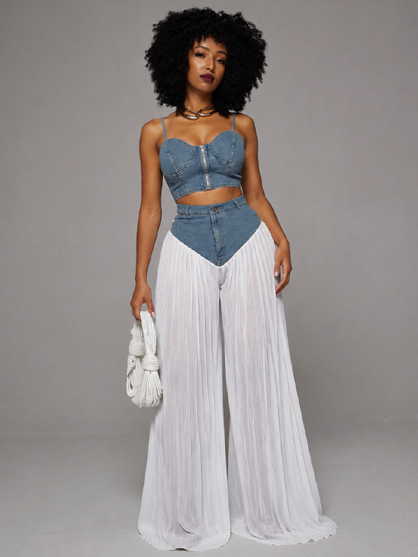 Denim Cami Top & Pleated Combo Pants Set
