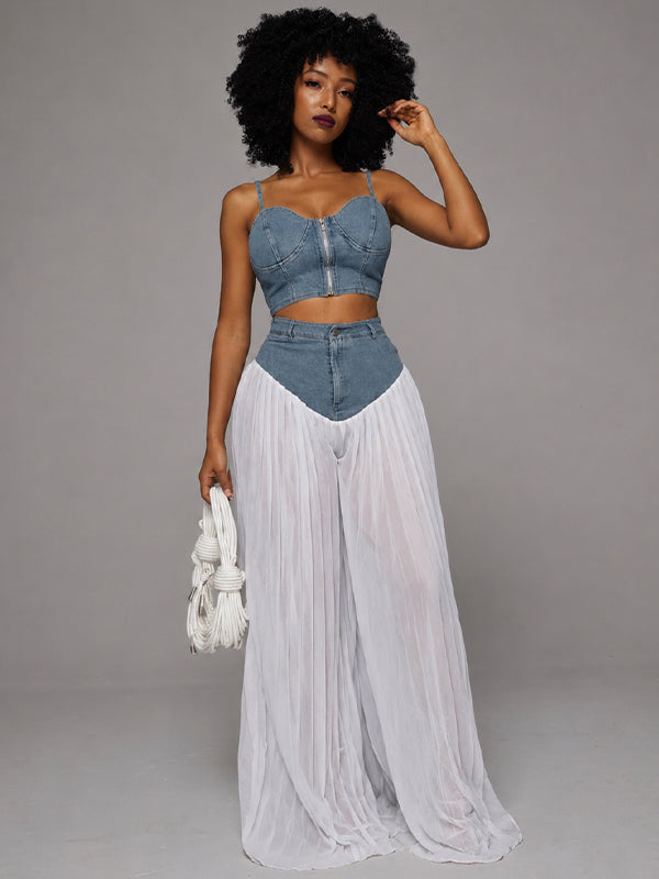 Denim Cami Top & Pleated Combo Pants Set