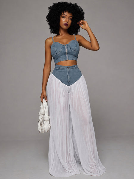 Denim Cami Top & Pleated Combo Pants Set