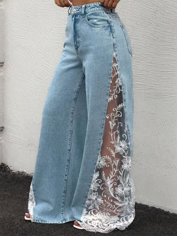 Lace-Combo Wide-Leg Jeans