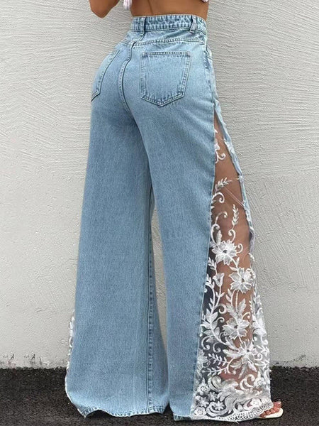 Lace-Combo Wide-Leg Jeans