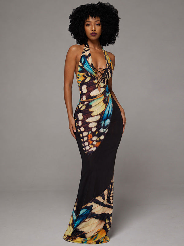 Printed Lace-Up Halter Dress