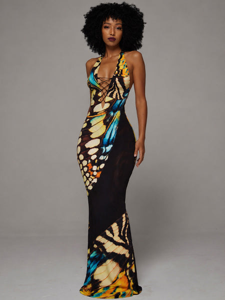 Printed Lace-Up Halter Dress
