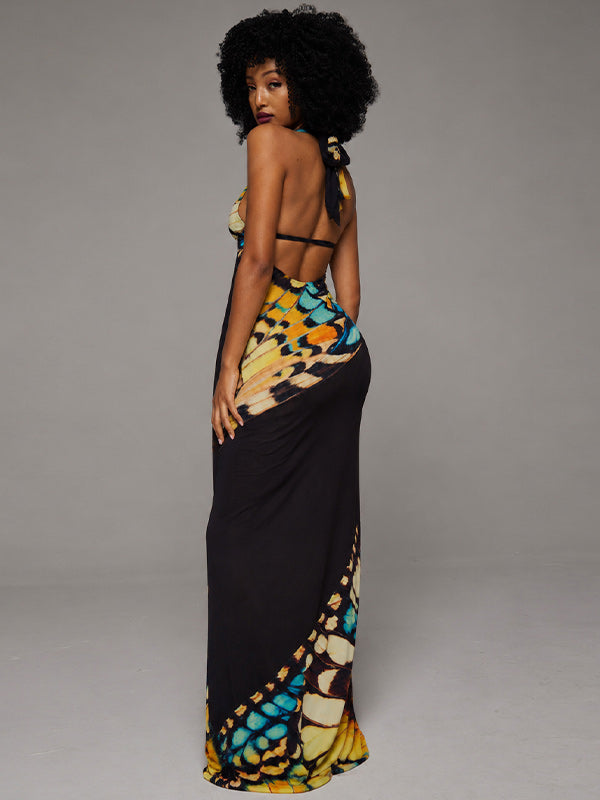 Printed Lace-Up Halter Dress