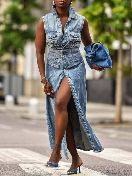 Button-Front Sleeveless Denim Dress