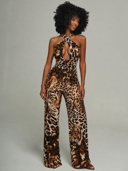 Leopard Wide-Leg Halter Jumpsuit