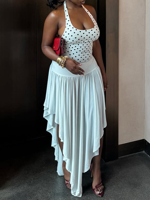 Dot Halter Top & Asymmetric Skirt Set