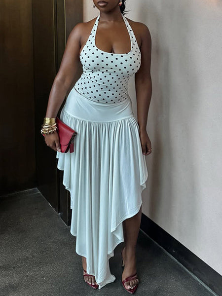Dot Halter Top & Asymmetric Skirt Set
