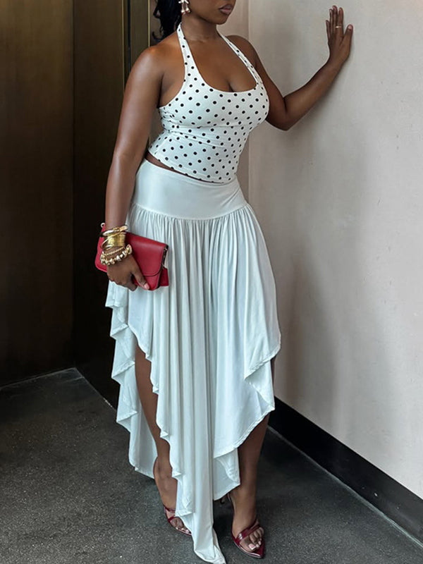 Dot Halter Top & Asymmetric Skirt Set