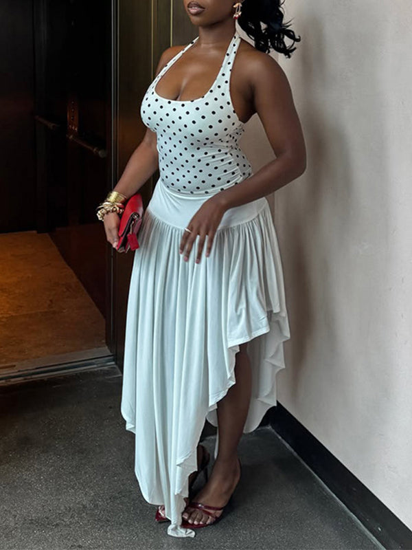 Dot Halter Top & Asymmetric Skirt Set