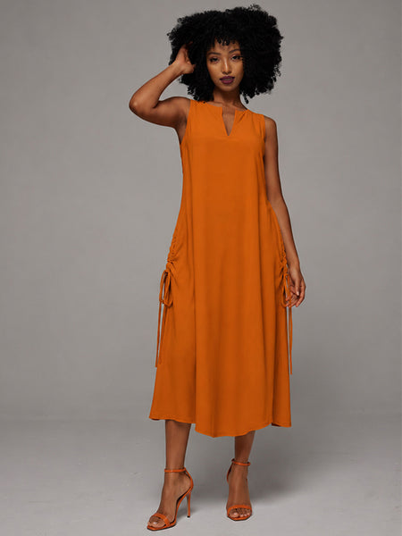 V-Neck Drawstring Sleeveless Dress