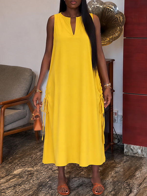 V-Neck Drawstring Sleeveless Dress