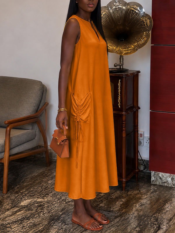 V-Neck Drawstring Sleeveless Dress