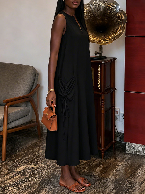V-Neck Drawstring Sleeveless Dress