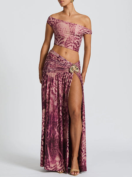 Printed Off-Shoulder Top & Slit Skirt Set