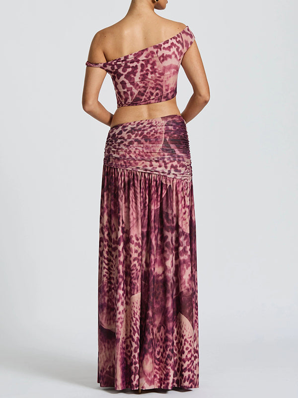 Printed Off-Shoulder Top & Slit Skirt Set