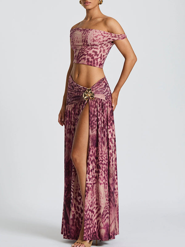 Printed Off-Shoulder Top & Slit Skirt Set