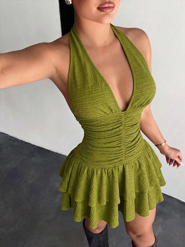 Solid Ruffle Halter Dress