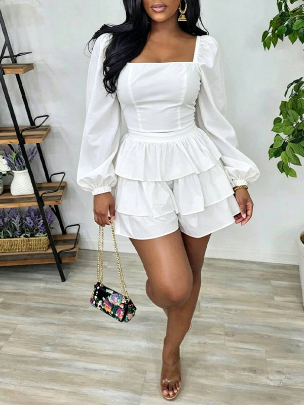 Square-Neck Top & Ruffle Shorts Set