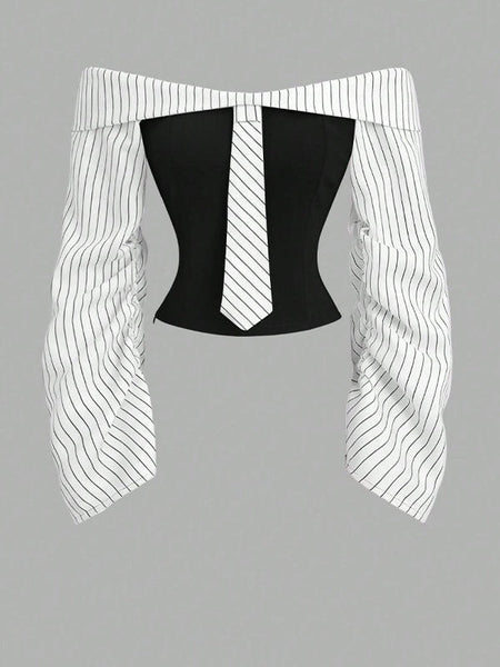 Stripe-Combo Off-Shoulder Top