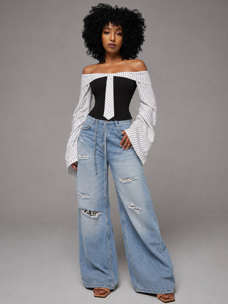Stripe-Combo Off-Shoulder Top