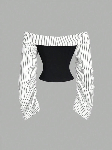 Stripe-Combo Off-Shoulder Top