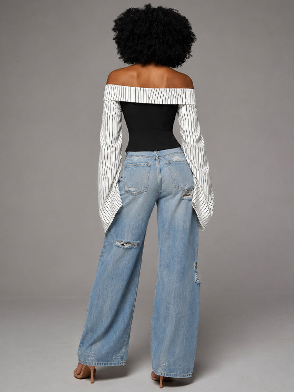 Stripe-Combo Off-Shoulder Top