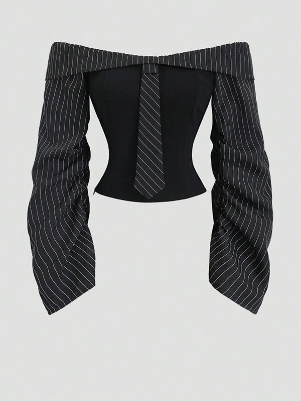 Stripe-Combo Off-Shoulder Top