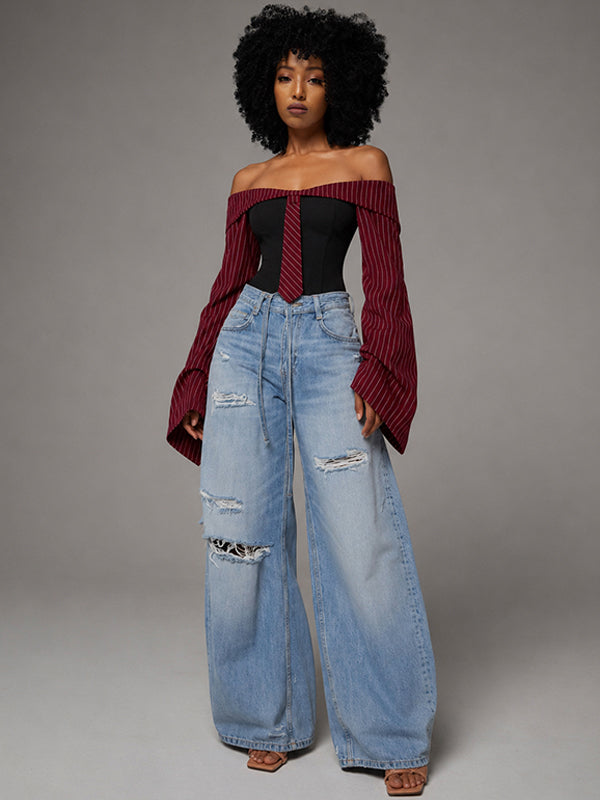 Stripe-Combo Off-Shoulder Top