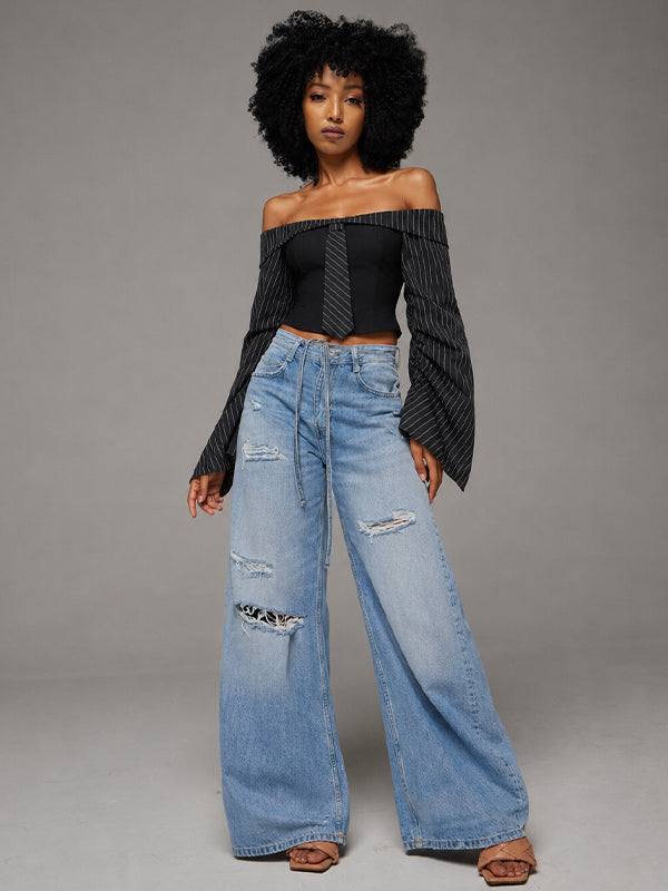 Stripe-Combo Off-Shoulder Top