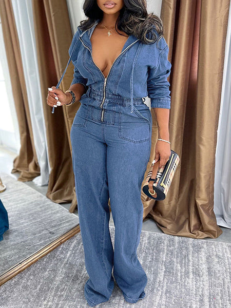 Zip-Front Hoodie Denim Jumpsuit