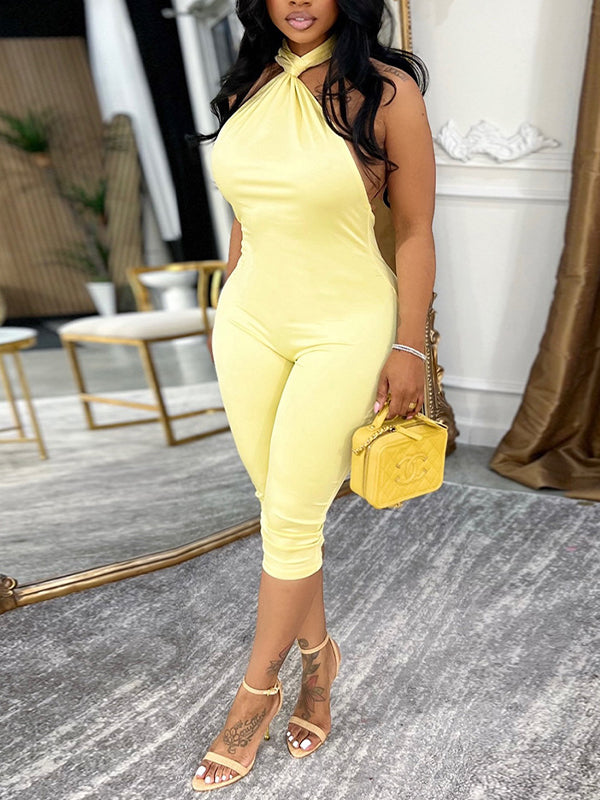 Tie-Neck Open-Back Capri Jumpsuit