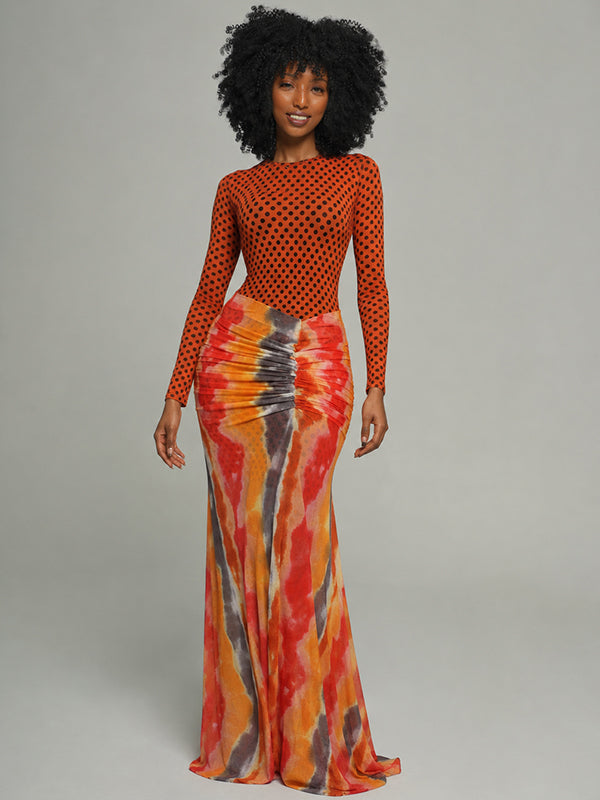 Printed Combo Ruched Maxi Dress