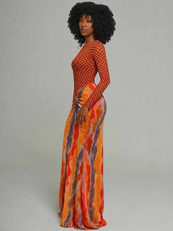 Printed Combo Ruched Maxi Dress